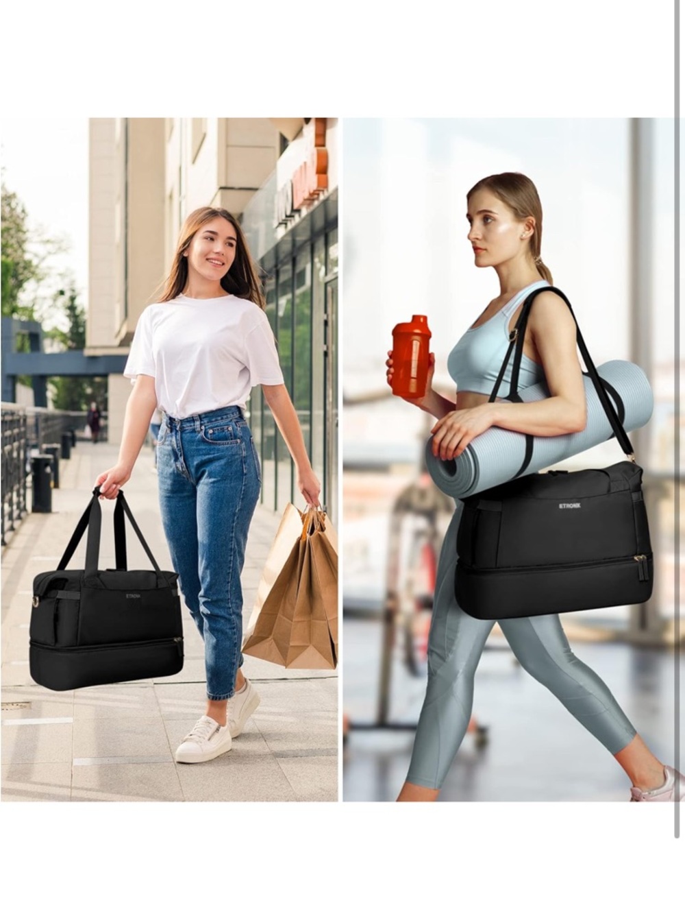 Black Dual-Compartment Travel Tote for Women